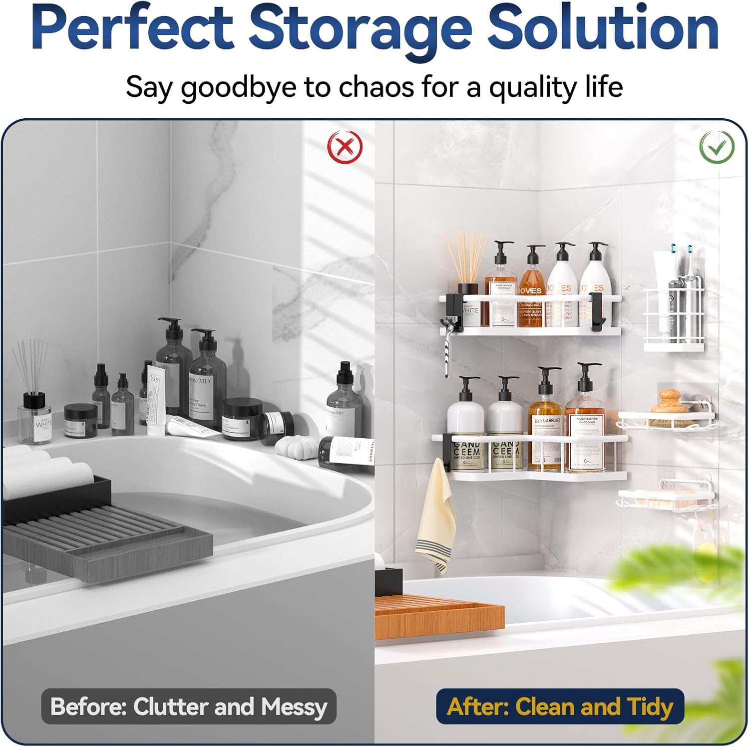 YASONIC Corner Shower Caddy - 5-Pack Rustproof Stainless Steel Organizer with Soap Holder | No Drilling, White