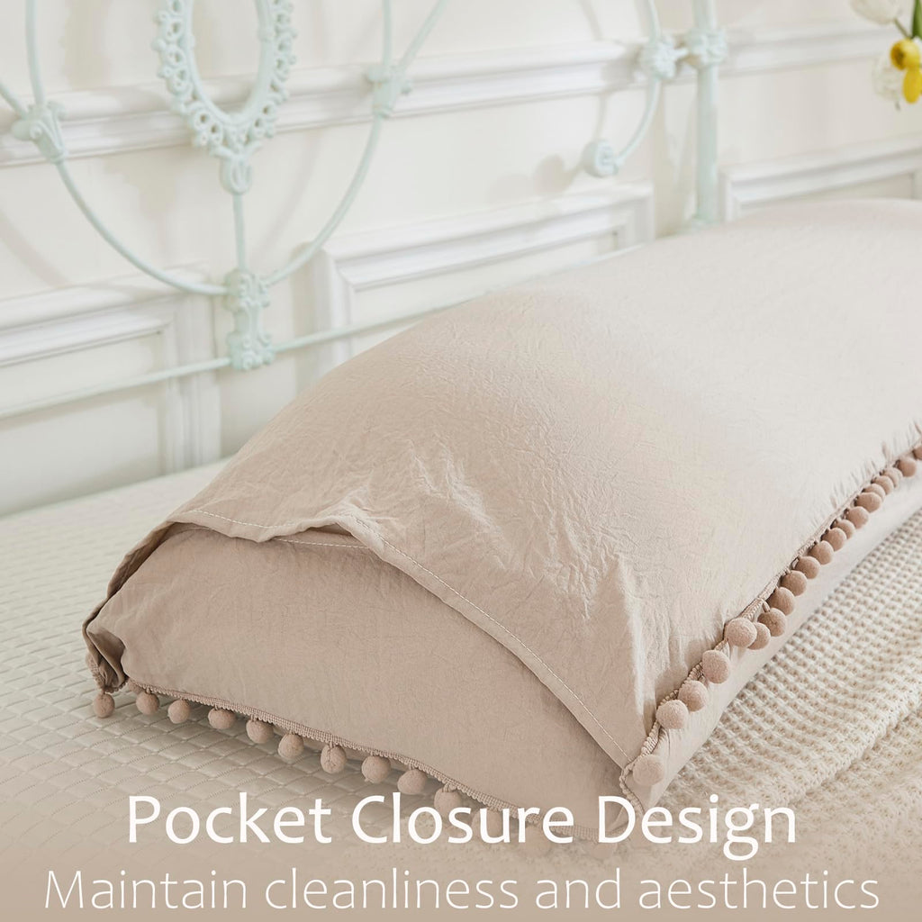 Taupe Body Pillow Cover 20x54 Boho Chic Pom Poms Fringe Decor Light Khaki Body Pillow Case Cover with Pocket Closure