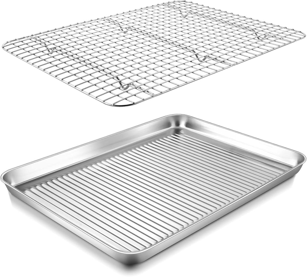 P&P CHEF Stainless Steel Baking Oven Pan - Versatile Cooking Sheet with Wire Rack | 17.5 x 13 x 1 Inch