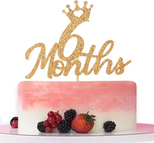 Gold Glittery Cake Topper - Perfect for Baby's 6-Month Birthday Celebration | Half Year Anniversary Decor