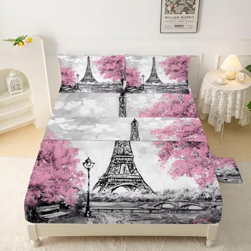 Kxry Pink Paris Fitted Sheet Set - Eiffel Tower Flower French Style Bedding - Full Size for Boys, Kids, Teens, Women - 1 Fitted Sheet + 1 Flat Sheet + 2 Pillow Cases