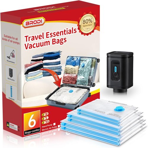BRODI Travel Vacuum Bags Combo Pack - Space-Saving Clothing & Luggage Seal Bags with Pump