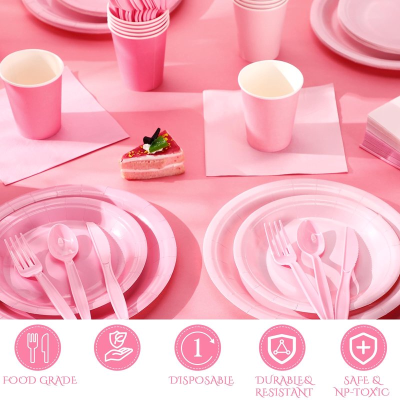 Nuogo 168 Pcs Pink Party Supplies Set Pink Paper Plates Napkins Cups Plastic Spoons Forks Knives Disposable Dinnerware for Birthday Baby Shower Wedding