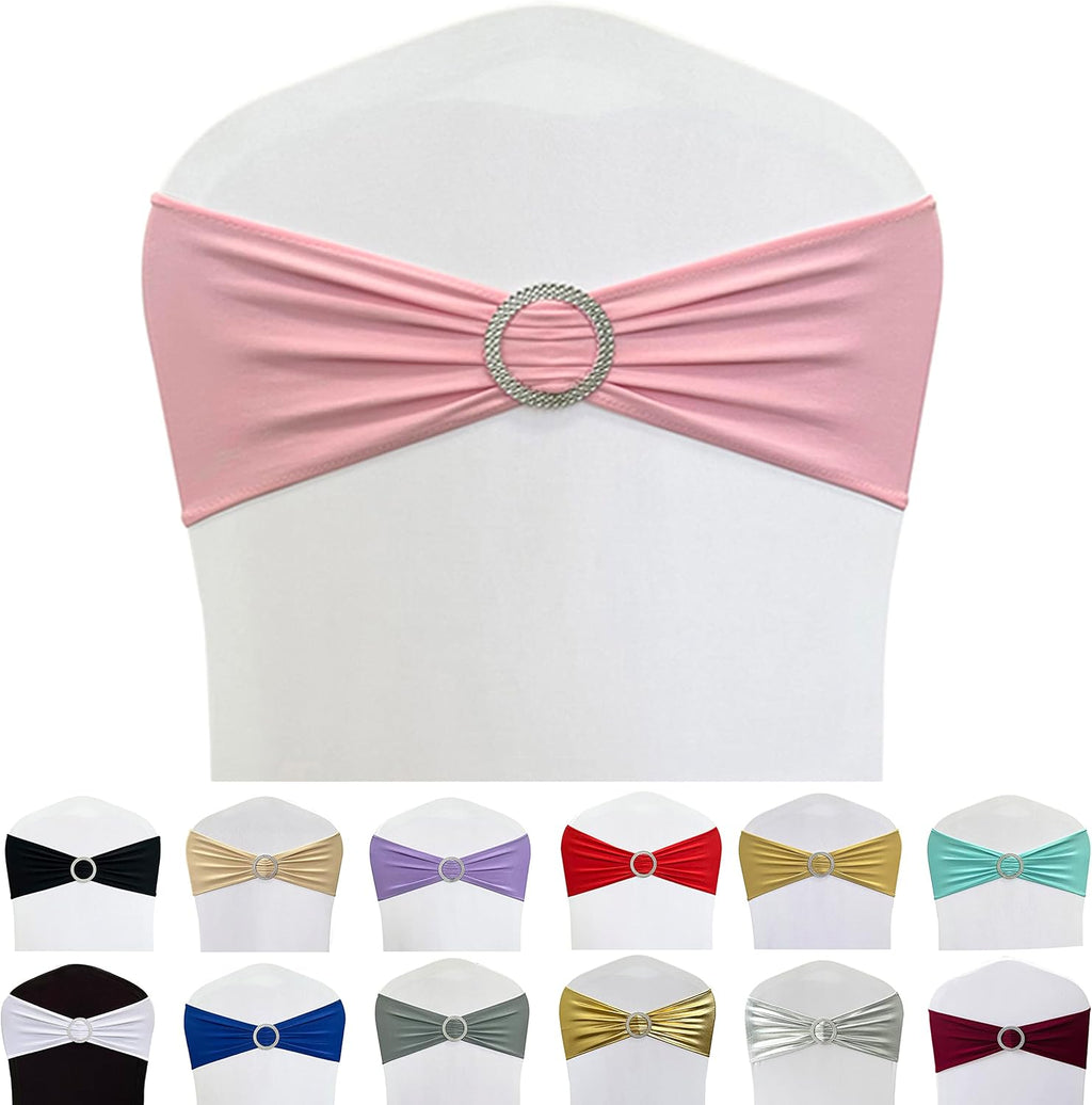 Skiennix Spandex Chair Sashes - 50PCS Stretch Ties with Buckle Slider for Wedding & Party Decor | Pink