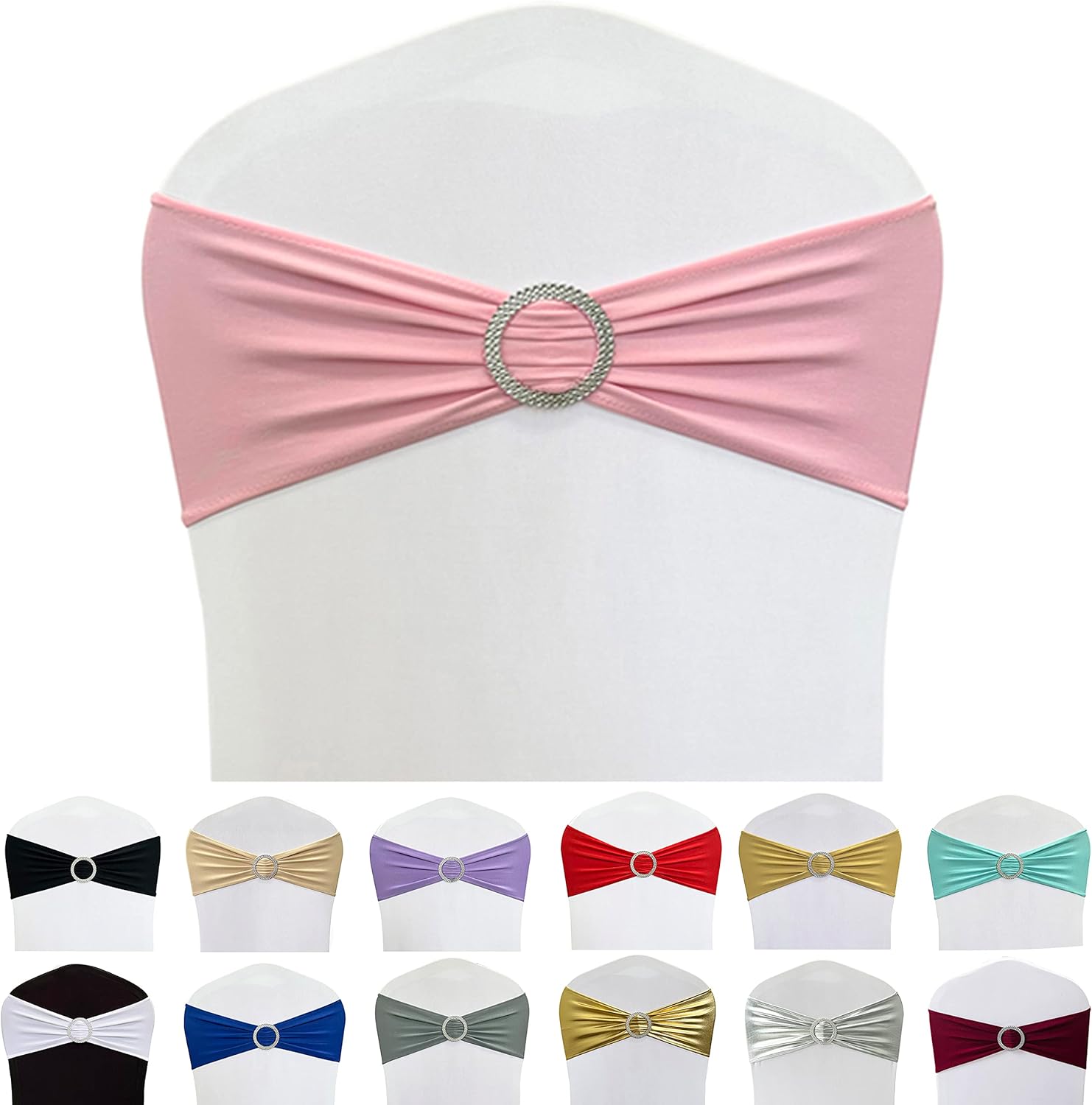 Skiennix Spandex Chair Sashes - 50PCS Stretch Ties with Buckle Slider for Wedding & Party Decor | Pink