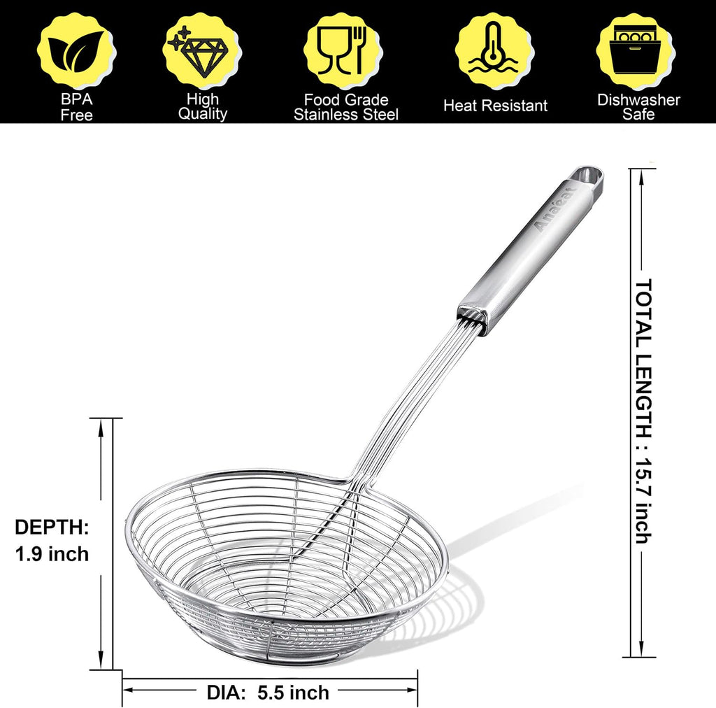 Anaeat Stainless Steel Spider Strainer Skimmer - Solid Kitchen Strainer Ladle with Long Handle for Cooking and Frying, Reinforced Double Coil Slotted Spoons for Pasta, Noodle, Spaghetti (5.5 Inch)