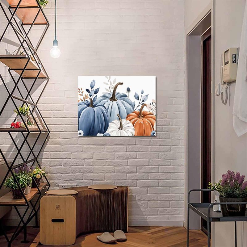 Fall Canvas Wall Art - Thanksgiving Blue Leaves Pumpkin White Background - Modern Wall Decor Gallery Canvas Wraps Giclee Print Stretched and Framed Ready to Hang - 20" x 24"