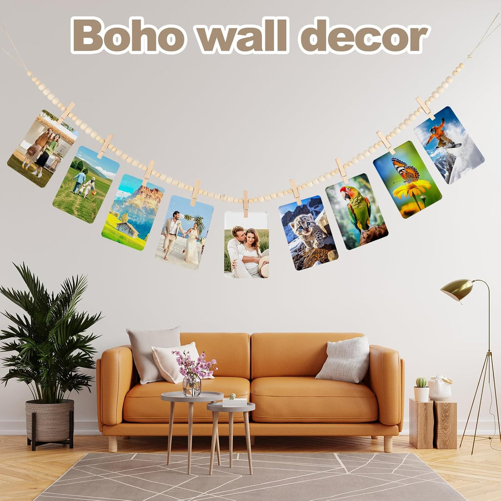 Skiennix Hanging Photo Display - Boho Wooden Bead Garland Wall Decor with 9 Clips | Ideal for Bedroom, Living Room, Dorm & Office