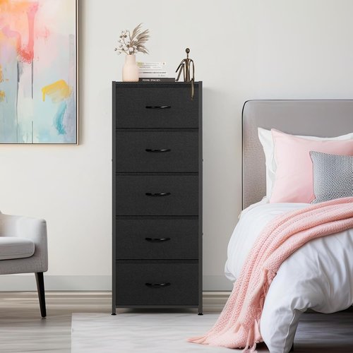 MOOACE 5-Drawer Dresser - Tall Fabric Storage Organizer with Wooden Top - Black Metal Frame