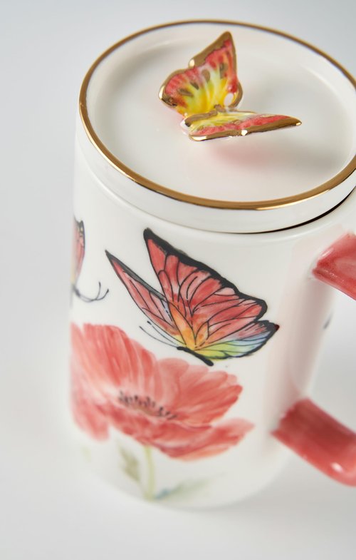 CHEONGWANG Korea Hand Painted Ceramic Butterfly Mug with Lid Gold 24K Mom Women Wedding Gift 14oz