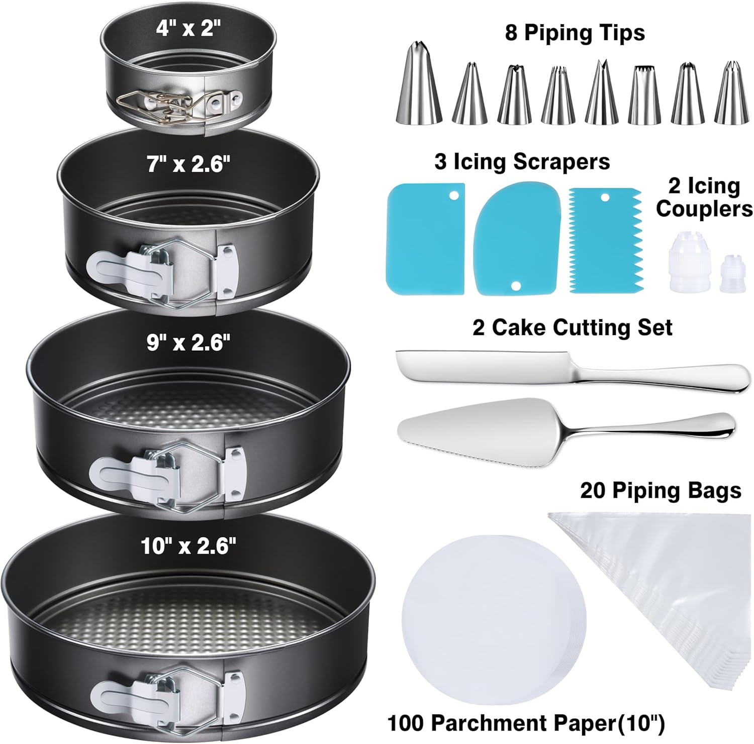 Skiennix 139PCS Springform Cake Pan Set - Non-Stick Cheesecake Pans (4/7/9/10-Inch) + Decorating Tools & Supplies