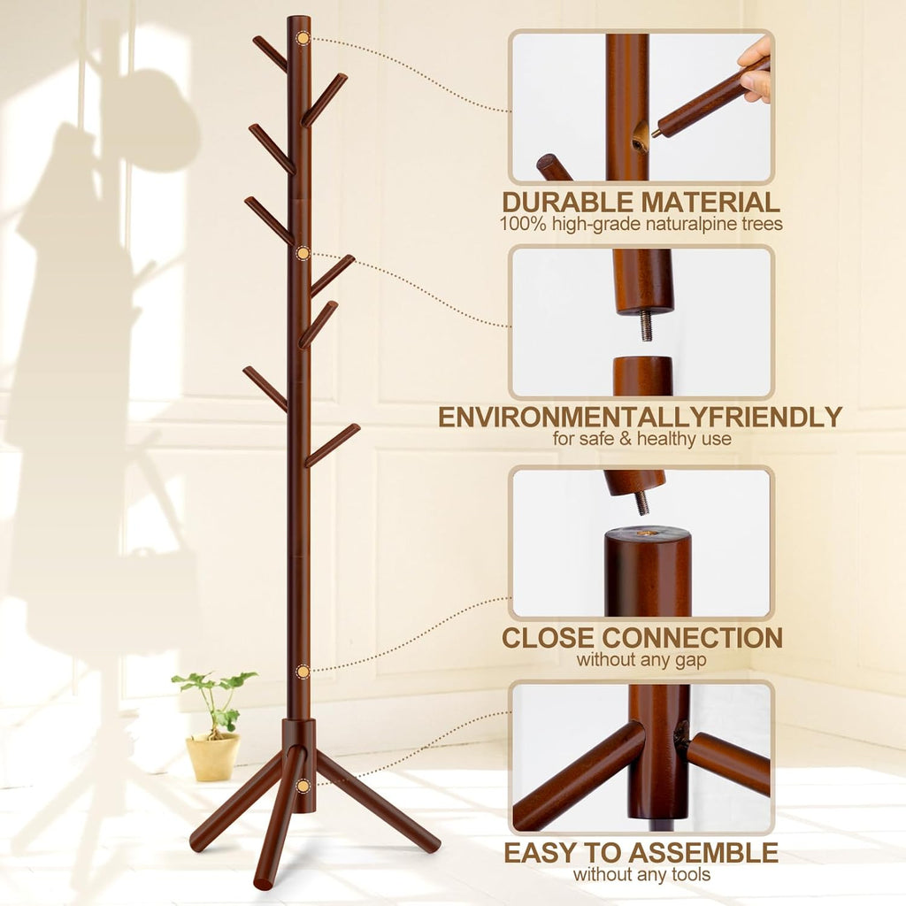 Skiennix Solid Wooden Coat Rack - Freestanding New Zealand Pine Coat Tree with 8 Hooks | Adjustable Sizes for Coats, Hats, and Handbags (Brown)