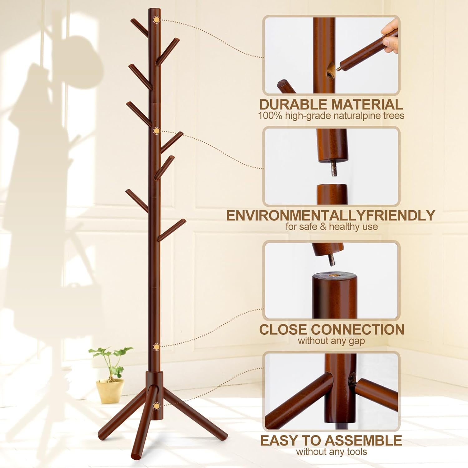 Skiennix Solid Wooden Coat Rack - Freestanding New Zealand Pine Coat Tree with 8 Hooks | Adjustable Sizes for Coats, Hats, and Handbags (Brown)