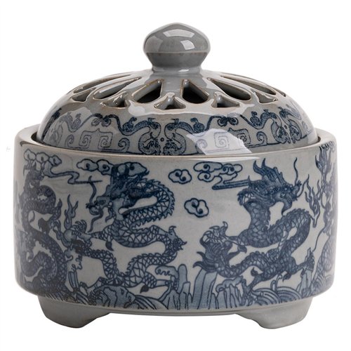WKHOKI Ceramic Garlic Keeper with Breathable Bamboo Lid - Airtight Garlic Storage Container for Kitchen Countertop, Hand-Glazed Blue & White Garlic Jar with Non-Slip Base