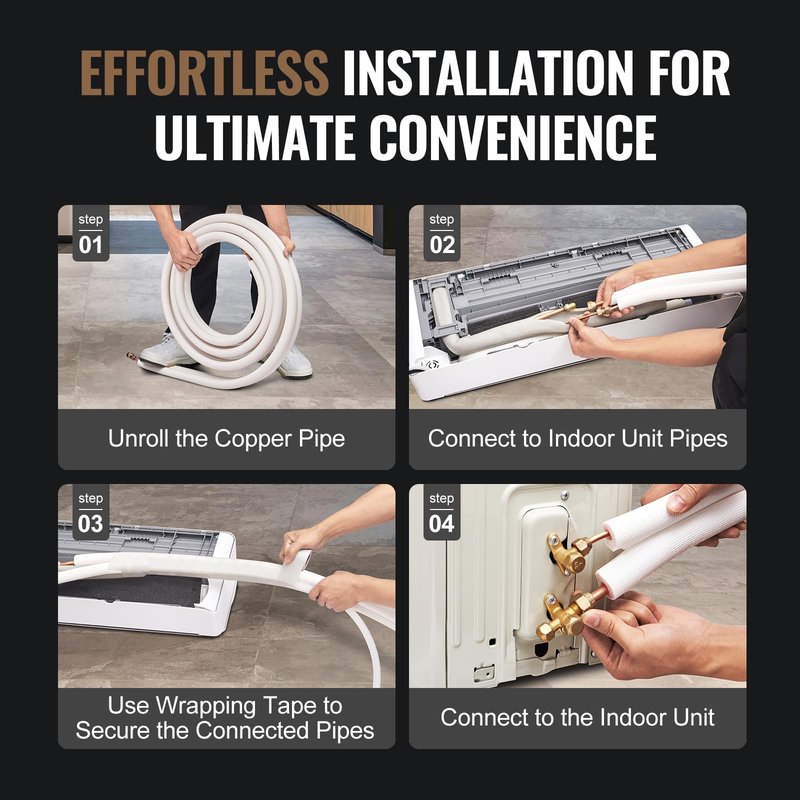 VEVOR 25FT Mini Split Line Set, 1/4" & 1/2" OD Copper Pipes, Triple-Layer Insulated Refrigerant Tubing with Wrapping Strips for HVAC AC Heat Pump