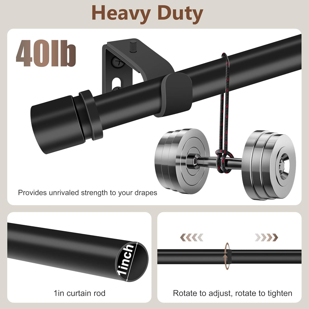 XDW-GIFTS Heavy Duty Black Metal Curtain Rod - Adjustable 32 to 46 Inch for Modern Bedrooms & Living Rooms