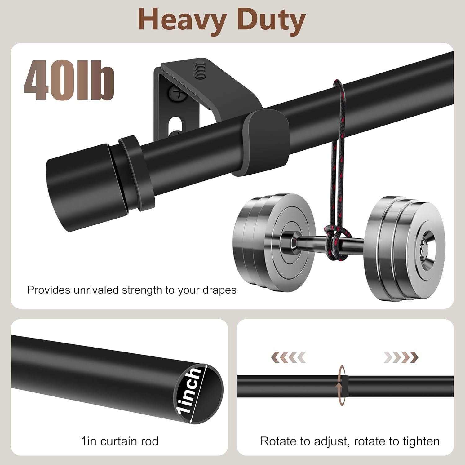 XDW-GIFTS Heavy Duty Black Metal Curtain Rod - Adjustable 32 to 46 Inch for Modern Bedrooms & Living Rooms