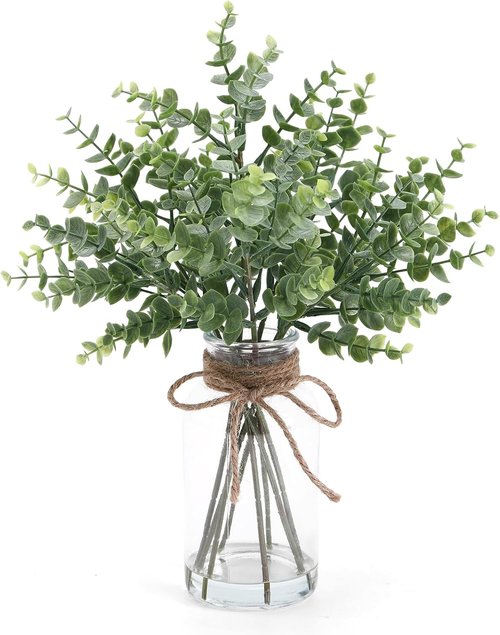Coforset Eucalyptus Stems - Realistic Faux Plants in Glass Vase with Faux Water | 14" Sage Green Centerpiece Decor