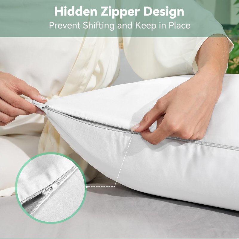 Cooling Curved Pillowcase for Side Sleeper Pillow - Rayon Derived from Bamboo Pillowcase with Zipper, Breathable and Soft Silky Cover for Hot Sleeper Protecting Hair & Skin Queen Size 1 Pack, White