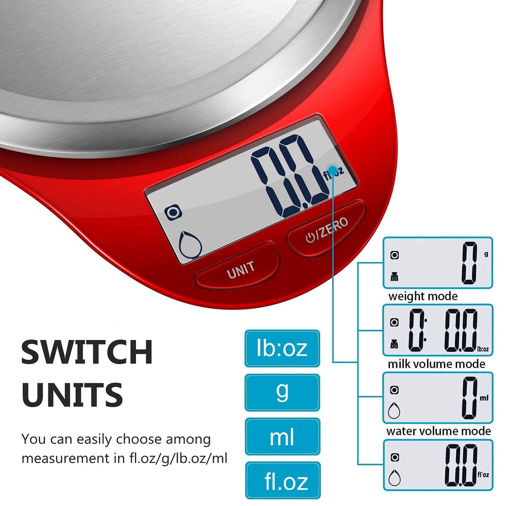 NUTRI FIT Digital Kitchen Scale - Large Stainless Steel Platform for Accurate Baking & Cooking | 1g Tare Function, Red