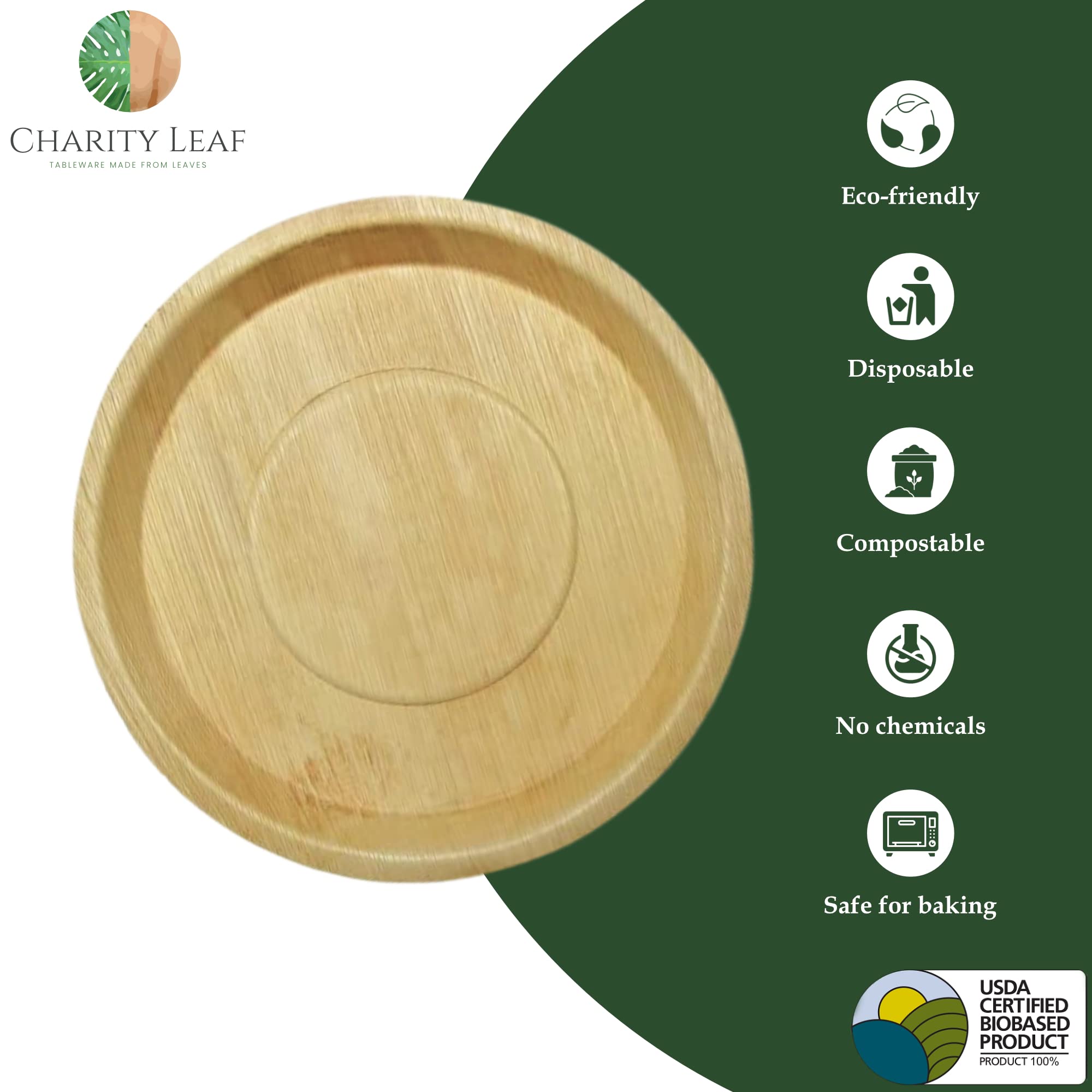 Charity Leaf Disposable Palm Leaf 14" Round Trays (10 pieces) Bamboo Like Serving Platters, Disposable Boards, Eco-Friendly Dinnerware For Weddings, Catering, Events