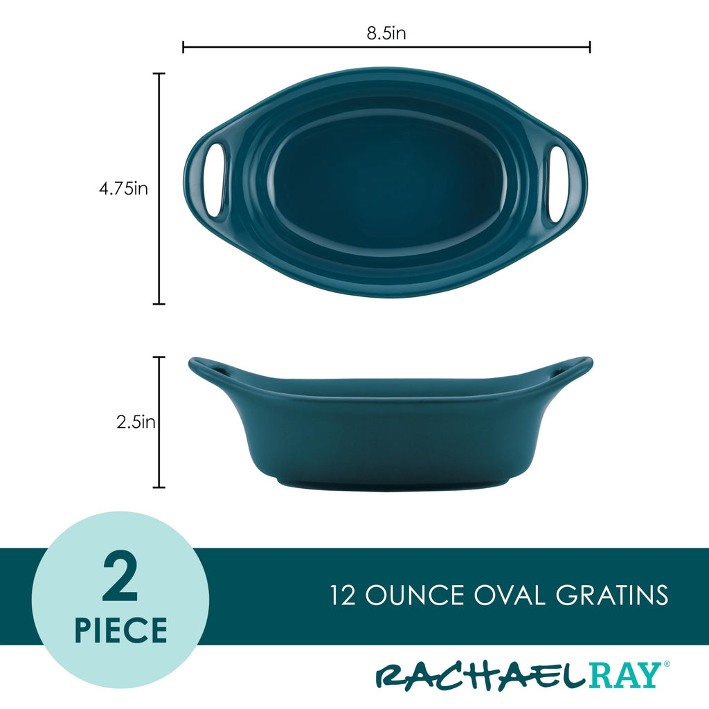 Rachael Ray Solid Glaze Ceramics Au Gratin Bakeware / Baker Set, Oval - 2 Piece, Teal