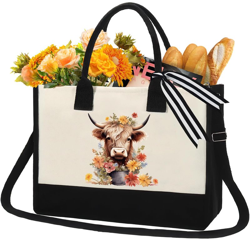 INCOK Highland Cow Gifts Tote Bag - Mother's Day Gift Personalized Highland Cow Canvas Tote Bag with Zipper Aesthetic Floral Reusable Grocery Handbag for Women Cow Lover Mothers Day Travel Beach Bag