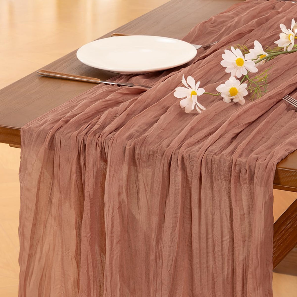 Socomi Cheesecloth Table Runner - 120 Inch Dusty Rose Boho Rustic Design for Weddings & Events