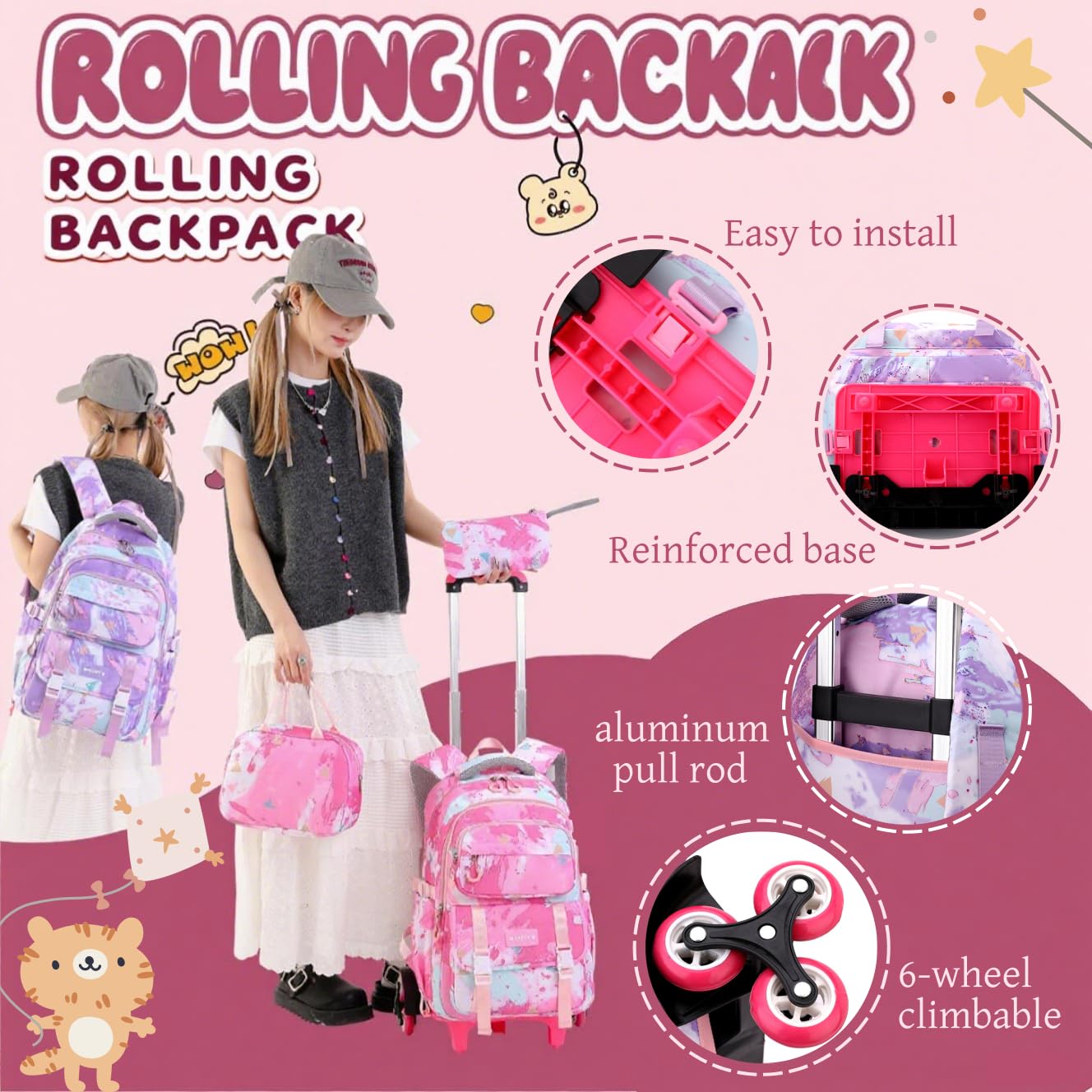 EKUIZAI Girls Trolley Backpack Set Cute Colorful Girls Rolling Backpack Middle School Trolley Schoolbag with Wheels