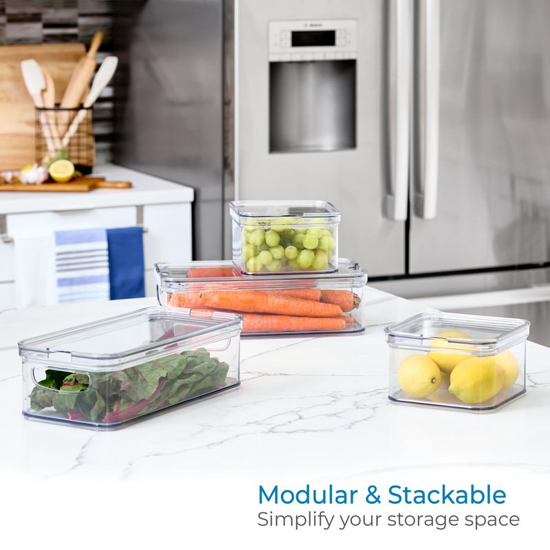 iDesign Crisp 4-Piece Recycled Plastic Refrigerator Organizer Bin Set with Lids, Clear/White