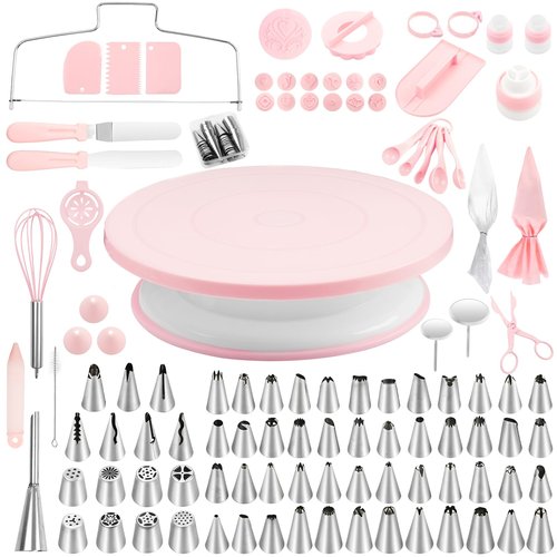 Cake Decorating Supplies Kit, Cake Turntable for Decorating, 64 Icing Ping Tips, 32 Piping Bags,3 Icing Scrapers, 2 Spatulas, 14 Fondant Mould, Cake Leveler for Baking Beginners
