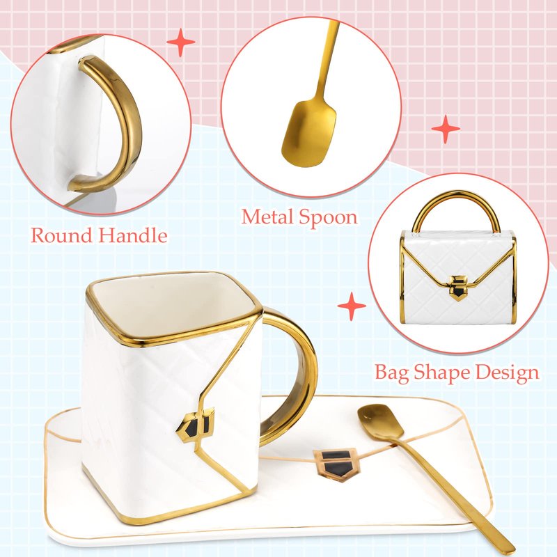 Sliner Handbag Coffee Mug Set- 4 Sets Handbag Coffee Mug with Saucer Spoon 10 Oz/ 310 ml - Cute Ceramic Creative Tea Cup for Women Girls Valentines Gift(Classic)