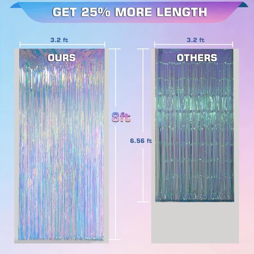 Iridescent Clear Tinsel Curtain Backdrop - 3.28 x 8ft Rainbow Foil Fringe | Shimmer Party Decoration (2 Pack)