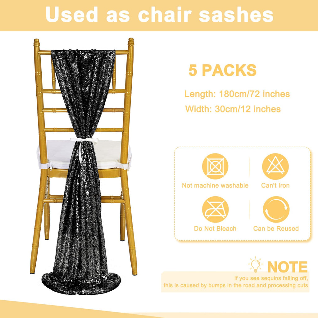 Sequin Table Runners 5 Pieces Black Table Runners 12x72 Inch Glitter Dining Table Cover for Party Wedding Birthday Reception Banquet Decoration Spring Party Chair Sashes