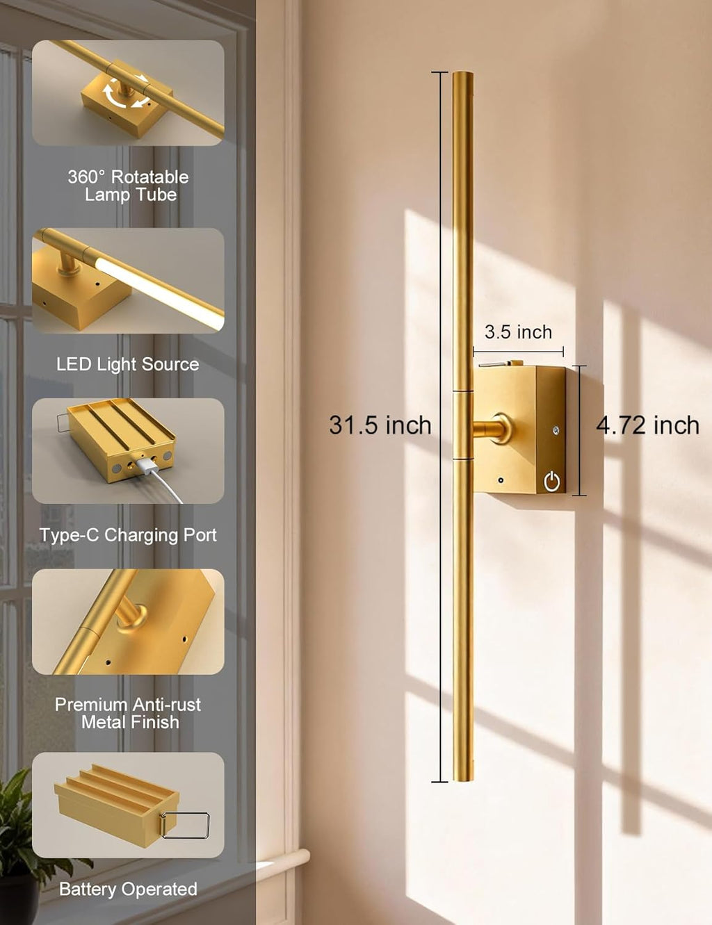 Skiennix Battery Operated Wall Sconces - 10000mAh Rechargeable LED Lights with Remote | 360° Rotation, 3000K-6000K