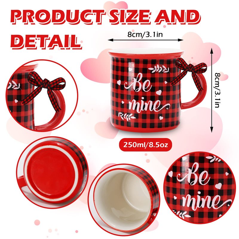 Whaline 6Pcs Valentine Mini Coffee Mug with Ribbon Red Black Plaid Heart Truck Cupid Tiered Tray Decor for Anniversary Wedding Gift