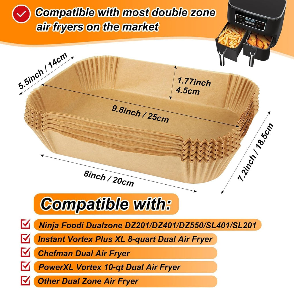 Skiennix Air Fryer Parchment Paper Liners - 100 Pcs Non-Stick, Unbleached Sheets | 8.6x5.5 Inch for Dual Basket Models
