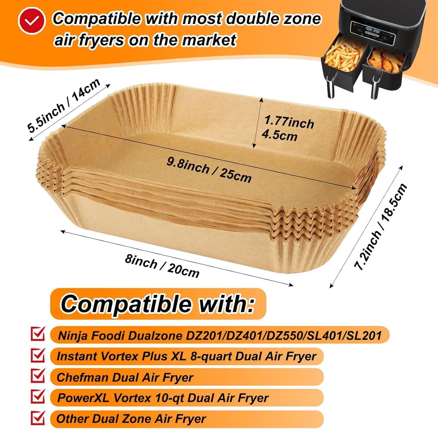 Skiennix Air Fryer Parchment Paper Liners - 100 Pcs Non-Stick, Unbleached Sheets | 8.6x5.5 Inch for Dual Basket Models