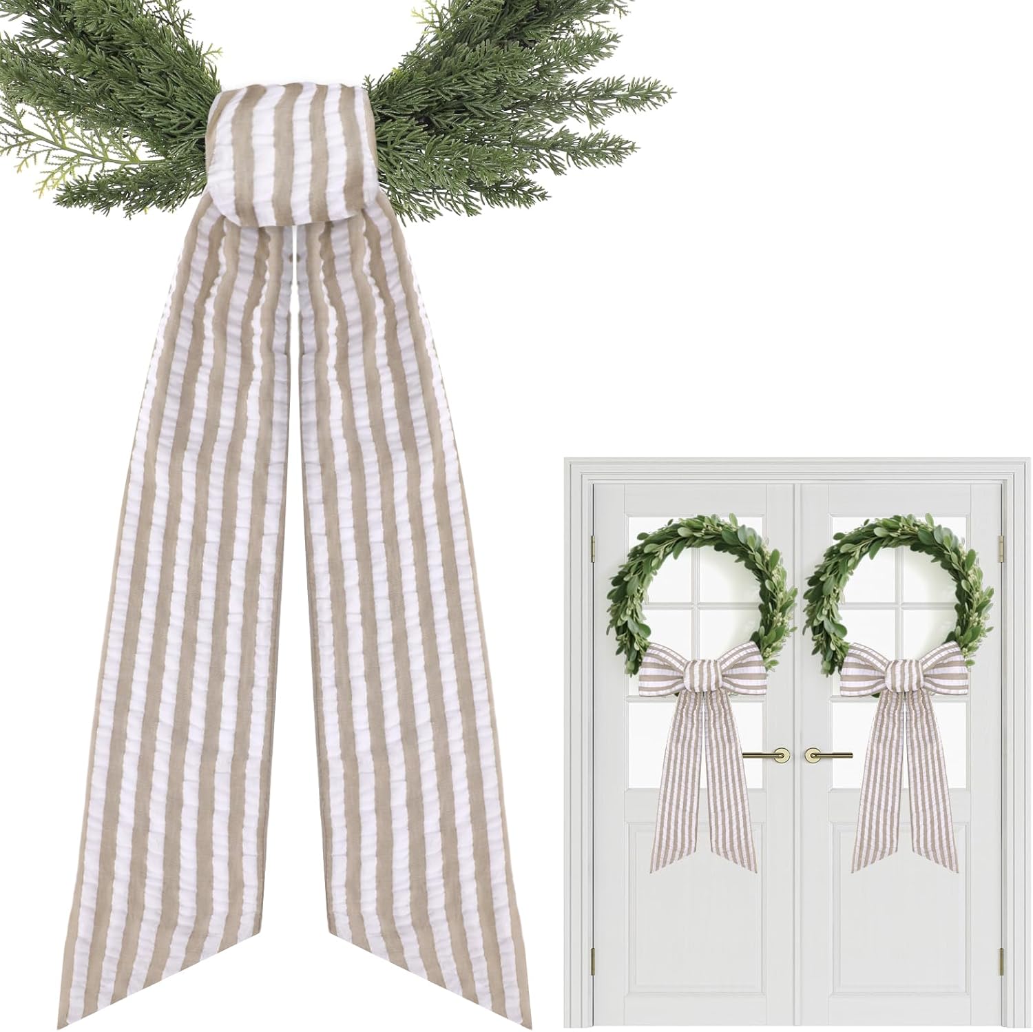 Skiennix Brown Wreath Sash - 2 Pcs Rustic Seersucker for Embroidery Monogram Home Decor | 60 Inch Boho Stripe