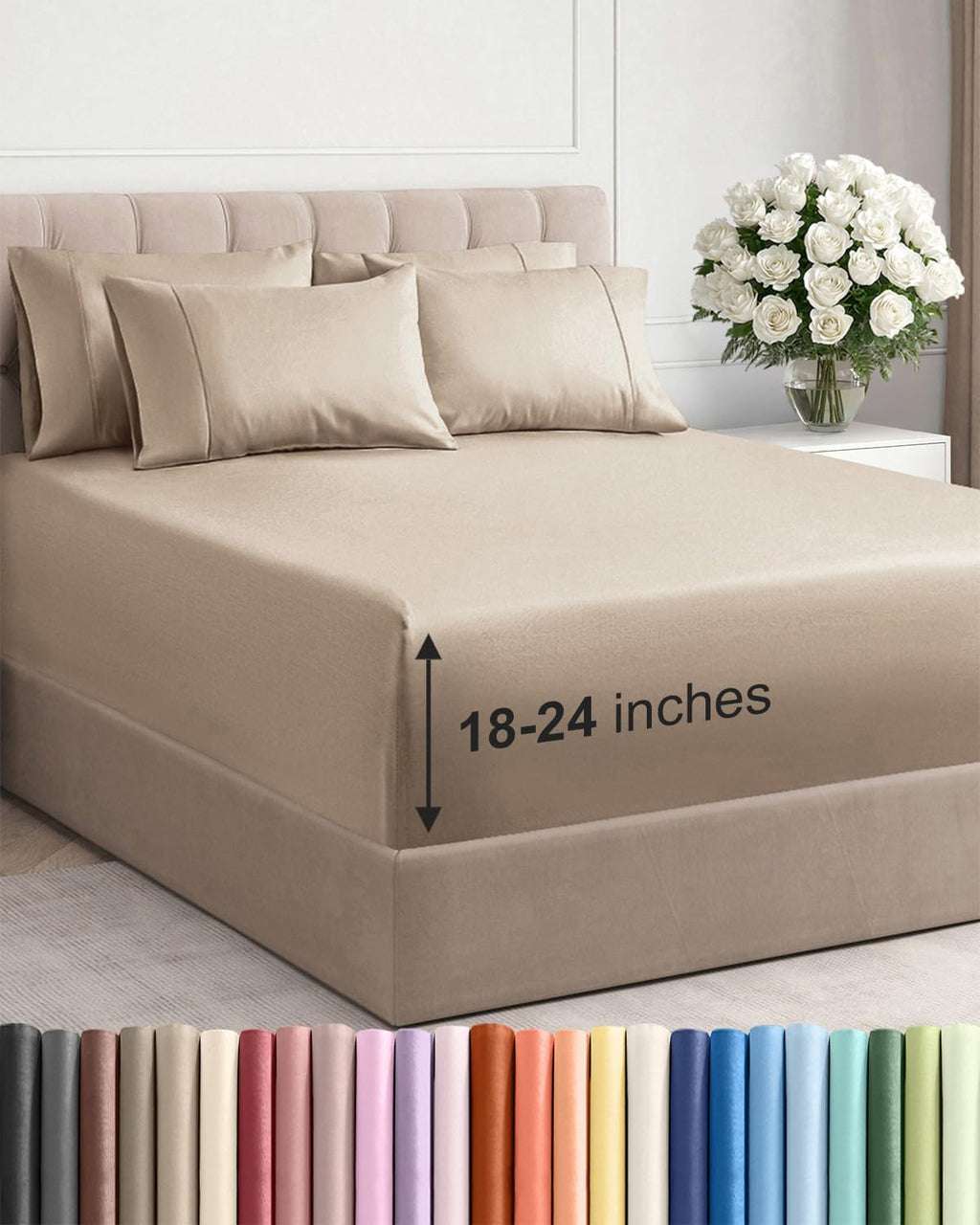 Skiennix Extra Deep Queen Sheet Set | 6-Piece Breathable Cooling Bedding - Soft, Wrinkle-Free Comfort - Cream