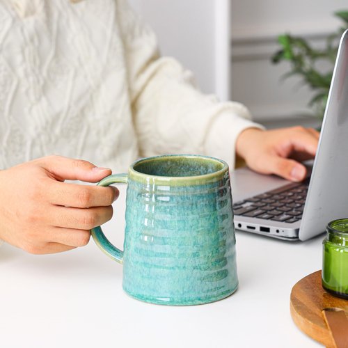 Mkour 23oz Extra Large Ceramic Coffee Mugs, Handmade Cup, Big Tea Cups with Large Handle for Office and Home, Microwave and Dishwasher Safe (Crystal Green)