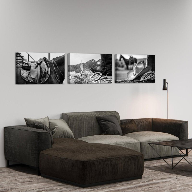 OuElegent Black and White Cowboy Canvas Prints American West Rodeo Wall Art Painting Rope Stetson Hat Horse Saddle Picture Prints for Office Living Room Bedroom Wall Decor Framed 16"x24"x3pcs