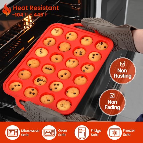 CAKETIME Silicone Mini Muffin Pan - 24-Cup BPA-Free Muffin Molds with Metal Reinforced Frame | Red, 2-Pack