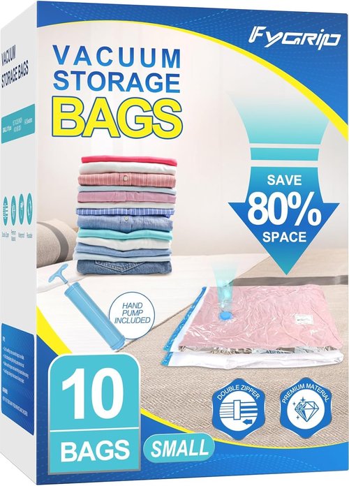 Fygrip Vacuum Storage Bags - Space-Saving Seal Bags with Hand Pump for Clothing & Travel | 10 Small Size