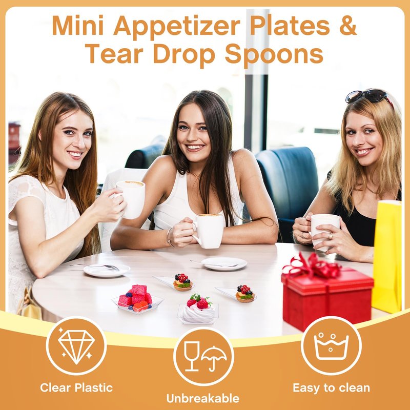 Rozer 200 Pcs Mini Appetizer Plates and Tear Drop Spoons for Weddings Party 2.5 x 2.5 Inches 4 x 2 Inches Plastic Mini Dessert Plates Disposable Appetizer Spoons (Transparent)