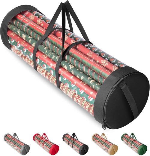 BALEINE Gift Wrapping Paper Organizer - Durable 600D Oxford Fabric Storage for 18-25 Rolls | Clear PVC, Black