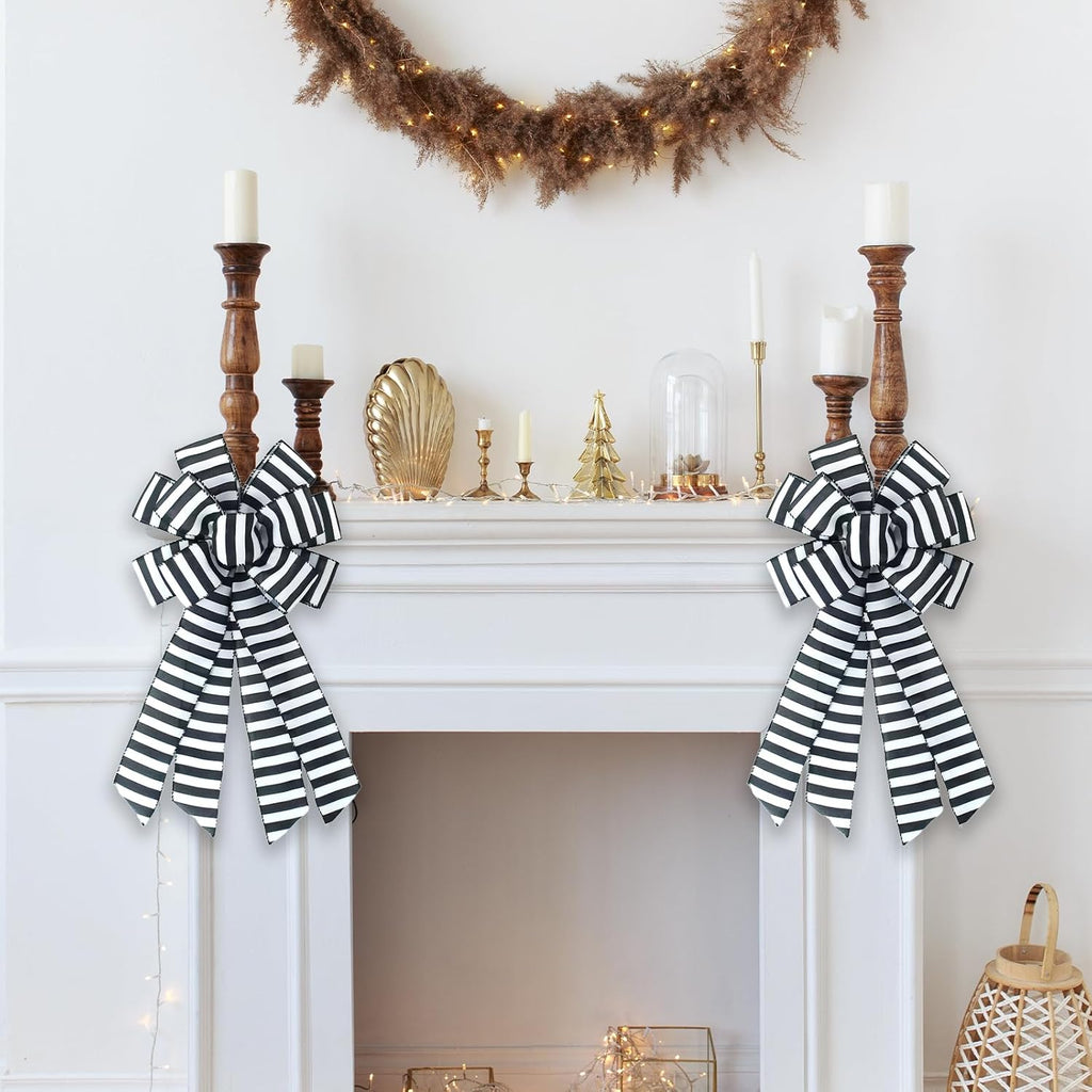 Regine Switzerland Large Black & White Stripe Wreath Bow - Rustic Burlap Decorative Accent for Christmas & Weddings