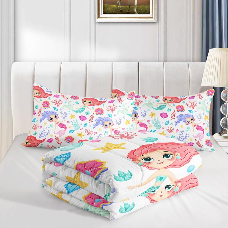 XYNHML Mermaid Comforter Set Twin Size Fairy Tale Sea Shell Grass Bedding Set Starfish Quilt Bed Set for Kid Girls with 1 Comforter and 2 Pillowcases