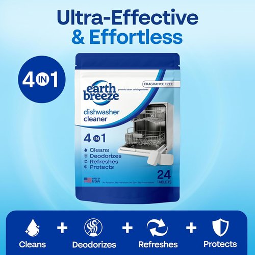 Earth Breeze Dishwasher Cleaner Tablets - 4-in-1 Formula Cleans, Deodorizes & Protects - Fragrance-Free, Safe for All Dishwashers