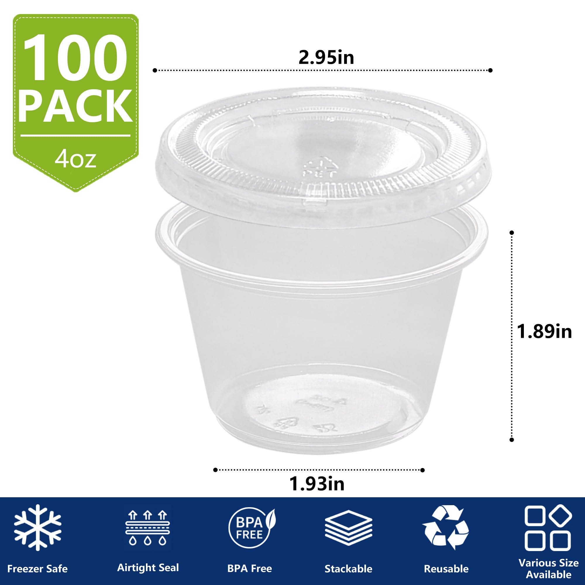 Ezselect 4oz Crystal Jello Shot Cups with Lids 100 Set, Airtight & Freezer Safe Small Meal Prep Plastic Portion Cups for Salad Dessert Condiment Sauce Souffle, Food Storage Cups for Lunch Party Trips